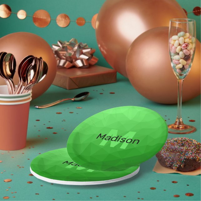 Lite green gradient geometry mesh pattern Monogram Paper Plate (Multi)