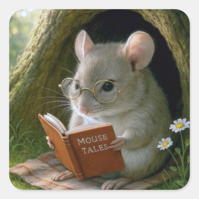 Literary Mouse In a Cosy Tree Hole Square Sticker (Front)