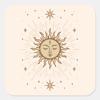 Litha Celestial Sun Face Summer Solstice Art Square Sticker