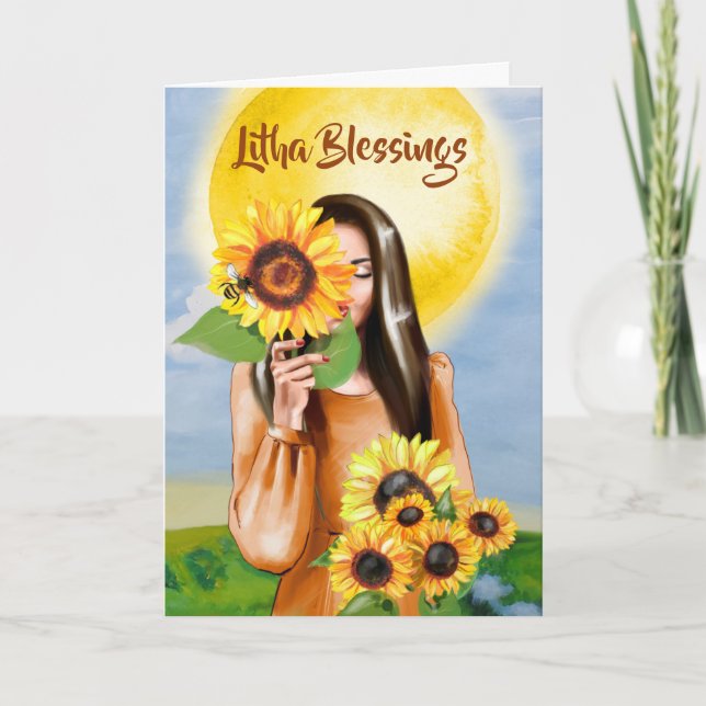Litha Summer Solstice Sunflower Girl Holiday Card (Front)