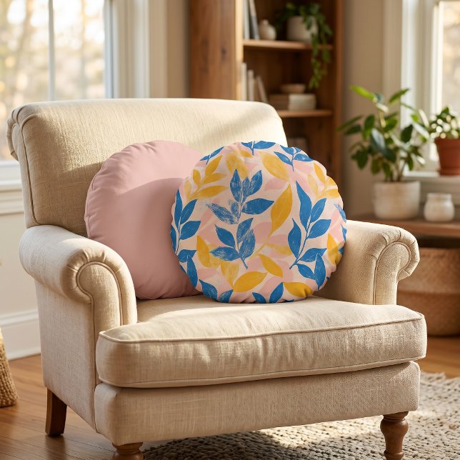 Lithograph Blue Yellow pink fun botanical leafy Round Cushion (Lithograph Blue Yellow pink fun botanical leafy Round Pillow)