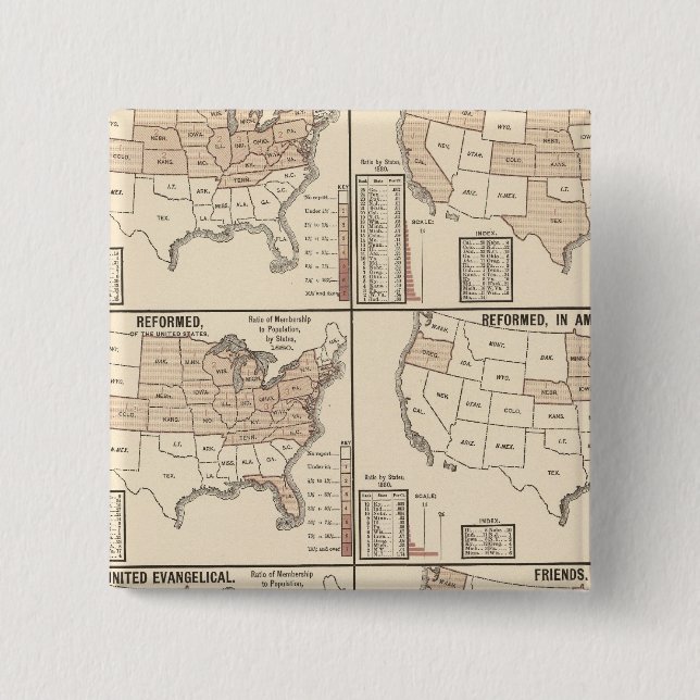 lithographed maps of denominational statistics 15 cm square badge (Front)