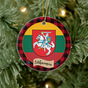 Lithuania, Red buffalo plaid & Lithuanian Flag Ceramic Tree Decoration