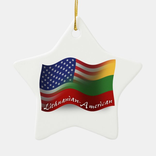 Lithuanian-American Waving Flag Ceramic Tree Decoration (Front)