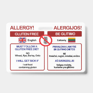 LITHUANIAN Gluten Free Travel Card   Allergy Badge ID Badge