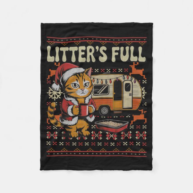 Litter’s Full Cat Parody Cat Owner Christmas Ugly  Fleece Blanket (Front)