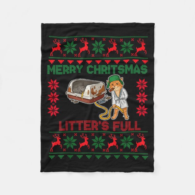 Litter's Full Merry Christmas Funny Cat Lover Ugly Fleece Blanket (Front)