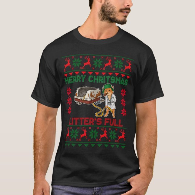 Litter's Full Merry Christmas Funny Cat Lover Ugly T-Shirt (Front)
