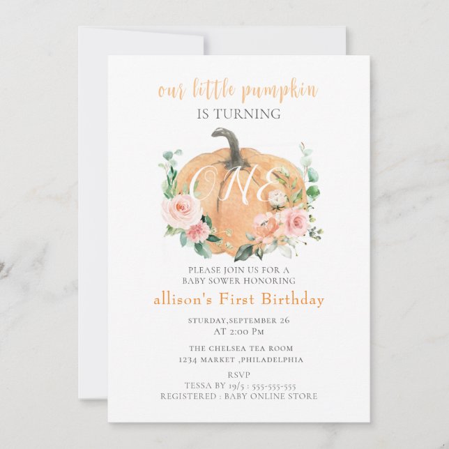  littl Fall Pumpkins Watercolor  Girl 1st Birthday Invitation (Front)