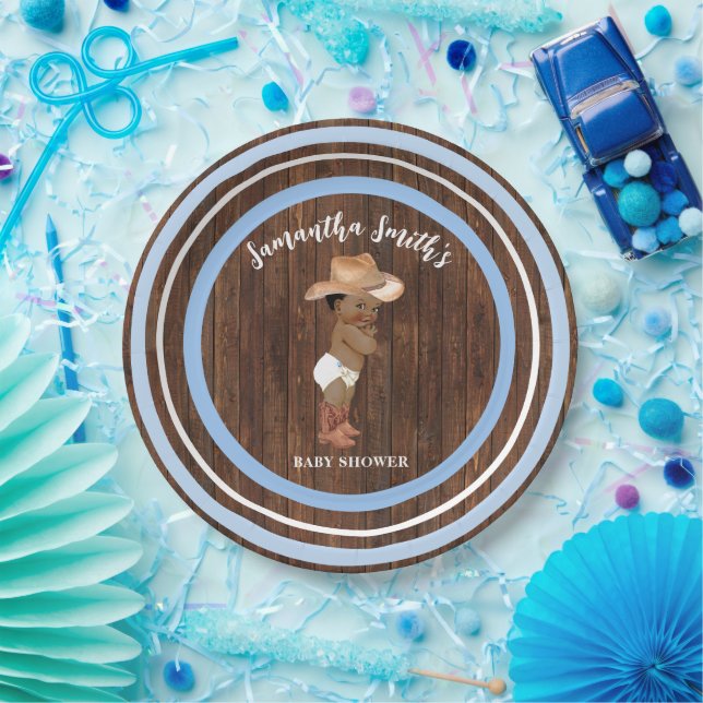 Little AA Baby Cowboy Western Blue Baby Shower Paper Plate (Party)