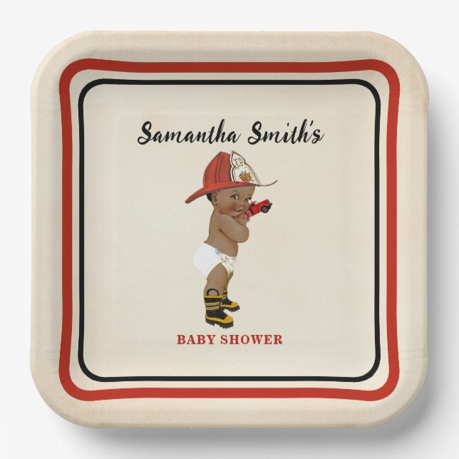 Little AA Baby Firefighter Baby Shower Cream Red Paper Plate (Front)