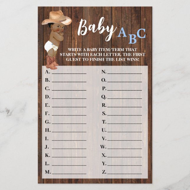 Little AA Cowboy Baby ABC Baby Shower Game Card (Front)