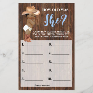 Little AA Cowboy How old was She Baby Shower Game Flyer
