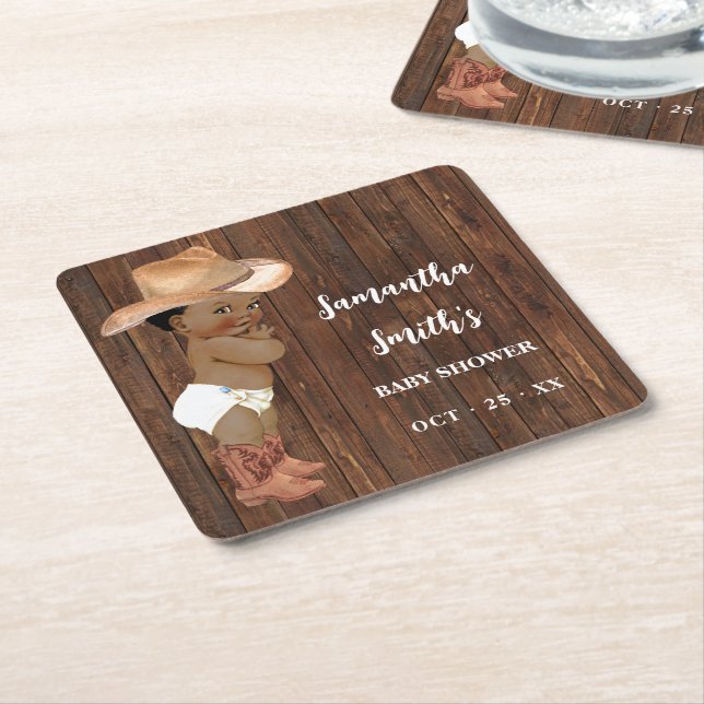 Little AA Cowboy Western Baby Shower Party Decor Square Paper Coaster (Angled)