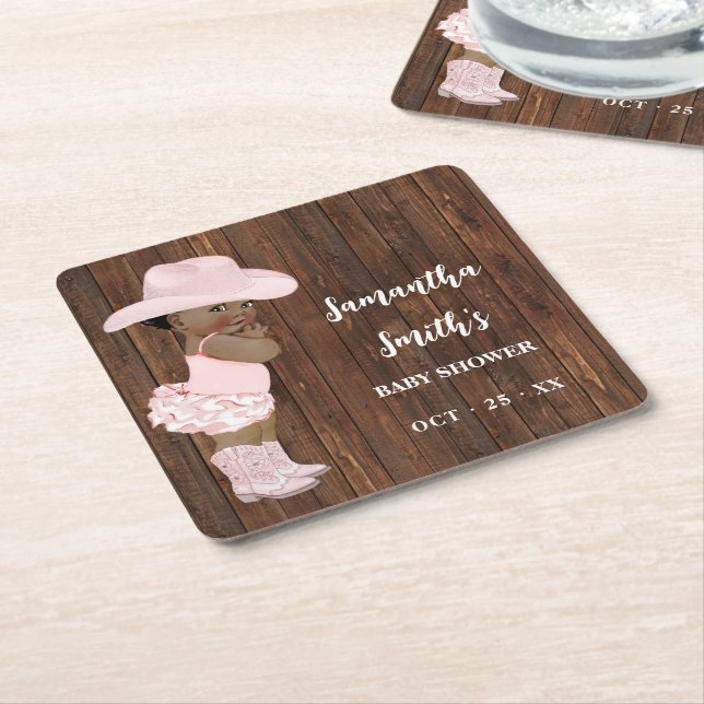 Little AA Cowgirl Western Baby Shower Party Decor Square Paper Coaster (Angled)