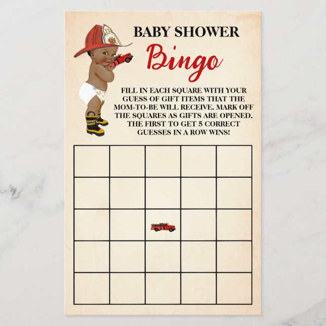 Little AA Firefighter Baby Shower Bingo Game Card (Front)