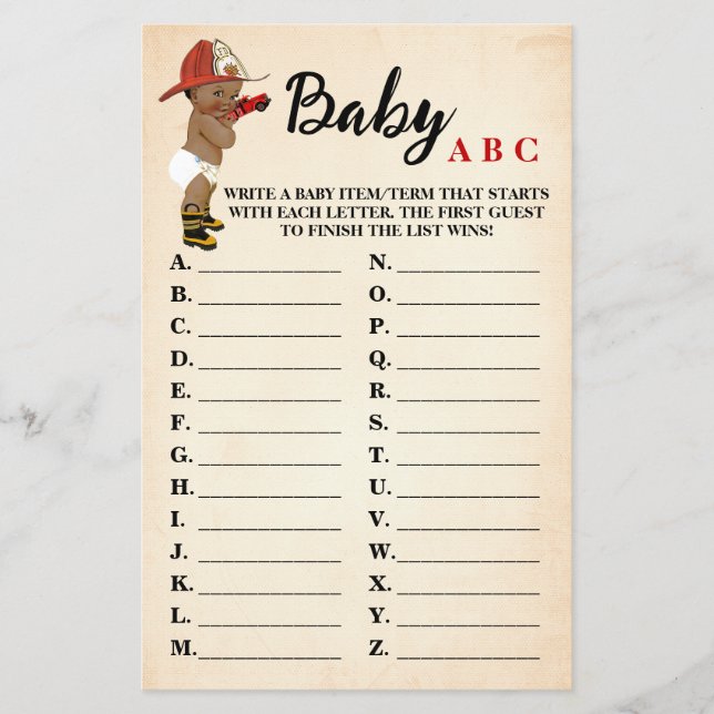 Little AA Fireman Baby ABC Baby Shower Game Card (Front)