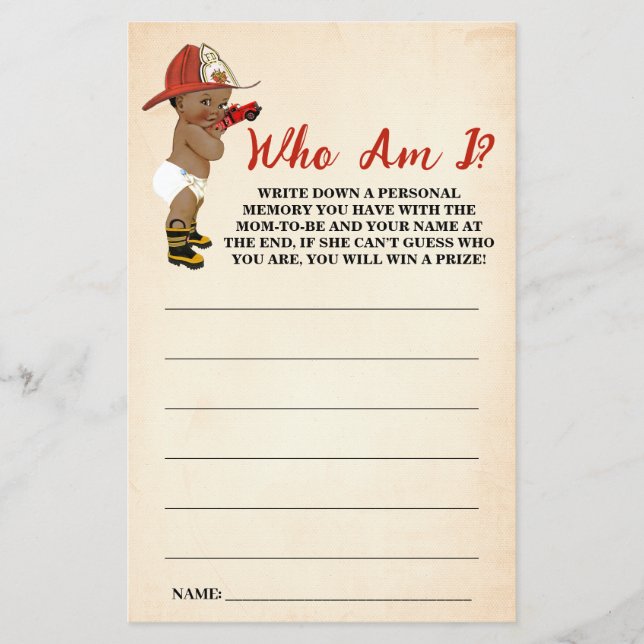 Little AA Fireman Who am I Baby Shower Game Card (Front)