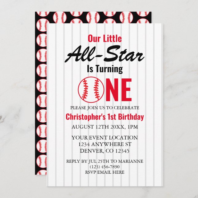 Little All Star Baseball 1st Birthday Invitation (Front/Back)