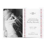Little All Star Baseball Baby Birth Announcement<br><div class="desc">This baseball themed baby birth announcement card is designed to resemble a white baseball with red stitching. The front of the card features a custom photo of the new baby, making it a special and personalized keepsake. The back of the card features a striped pattern, adding a classic touch to...</div>
