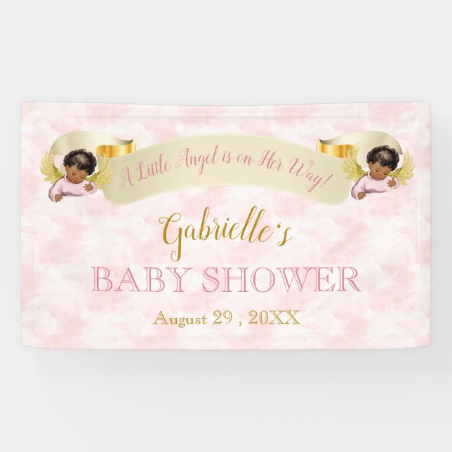 Little Angel Pink Gold African American Girl Banner (Horizontal)
