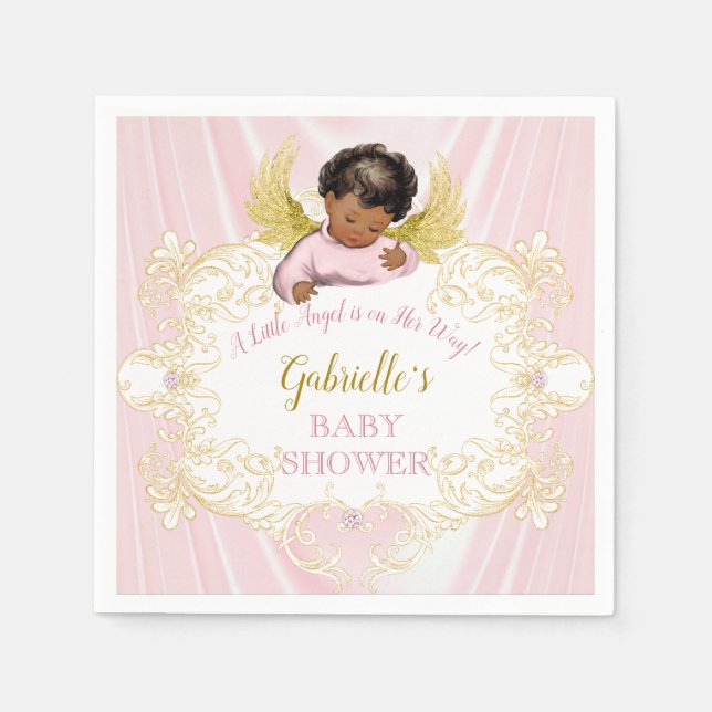 Little Angel Pink Gold Girl African American Napkin (Front)