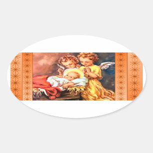 Little angels at the manger oval sticker