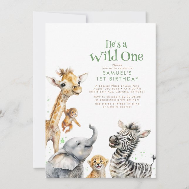 Little Animals Jungle Safari Wild One 1st Birthday Invitation (Front)