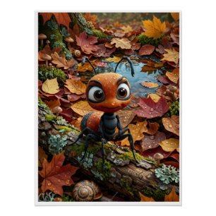 Little Ant Autumn Log Fallen Leaves Woodland Poster