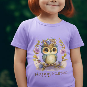 Little Aqua and Gold Owl Happy Easter T-Shirt