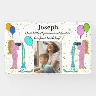 Little Aquarius 1st Birthday Gold Flake & Balloons Banner