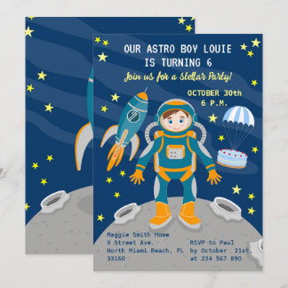 Little astronaut boy dreams Birthday Party Invitation