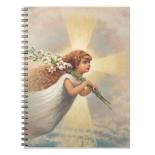 Little baby angel holding lilies notebook