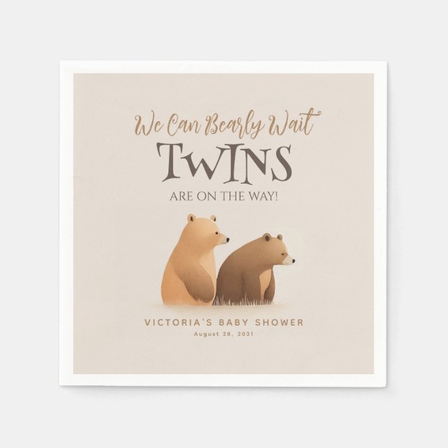 Little Baby Bears Twins Brown Baby Shower Napkin (Front)