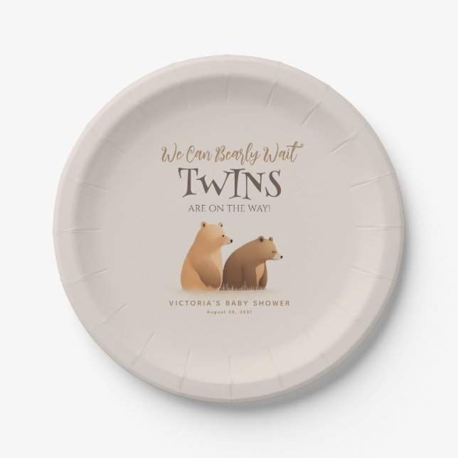 Little Baby Bears Twins Brown Baby Shower Paper Plate (Front)