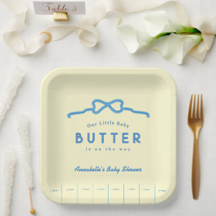 Little Baby Butter Blue Bow Baby Shower Paper Plate