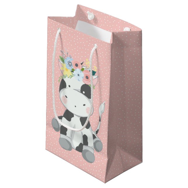 Little Baby Cow Calf With Floral Crown Pastel Pink Small Gift Bag (Front Angled)