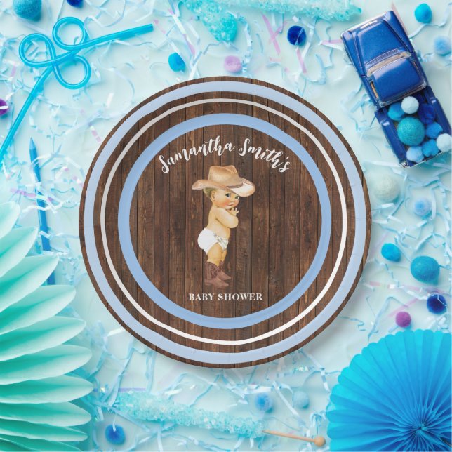 Little Baby Cowboy Western Blue Baby Shower Paper Plate (Party)