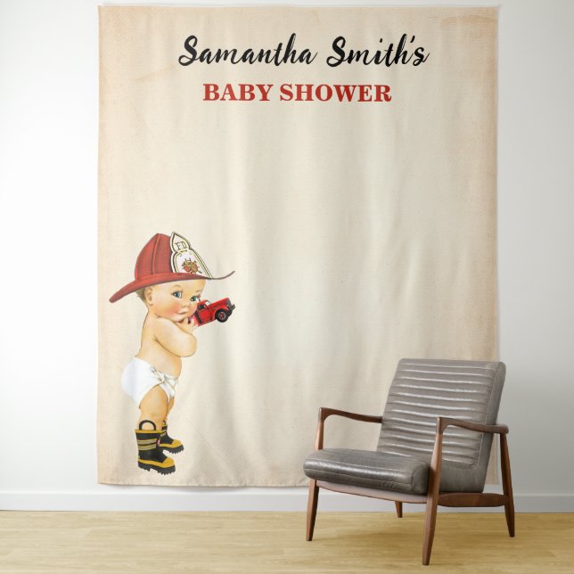 Little Baby Firefighter Baby Shower Backdrop Tapestry (In Situ)