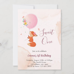 Little baby fox flying with balloon invitation
