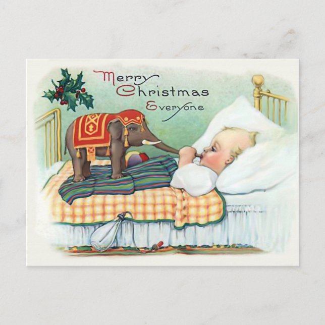 Little baby with elephant toy, vintage Christmas Postcard (Front)