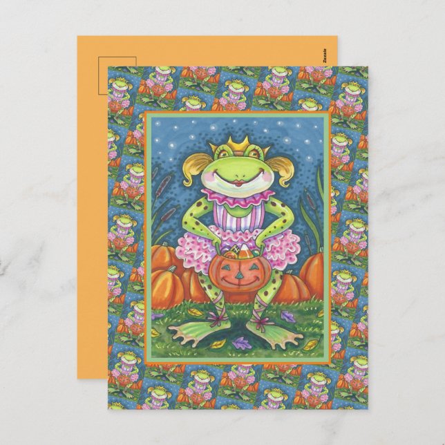 LITTLE BALLERINA FROG TRICK OR TREATING IN TUTU HOLIDAY POSTCARD (Front/Back)