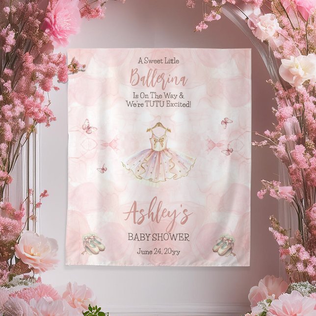 Little Ballerina Is On The Way Tutu Baby Shower Tapestry (A Sweet Little Ballerina Is on the Way Tutu Pink Girl Baby Shower Backdrop)