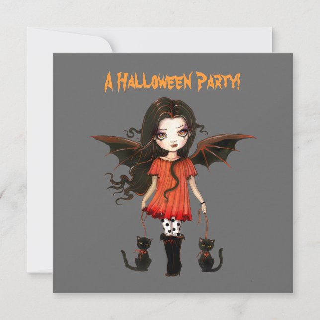 Little Bat Girl Vampire Gothic Cats Halloween Invitation (Front)