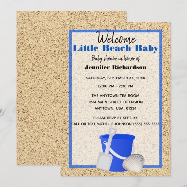 Little Beach Baby Blue Sand Pail Baby Shower Invitation (Front/Back)