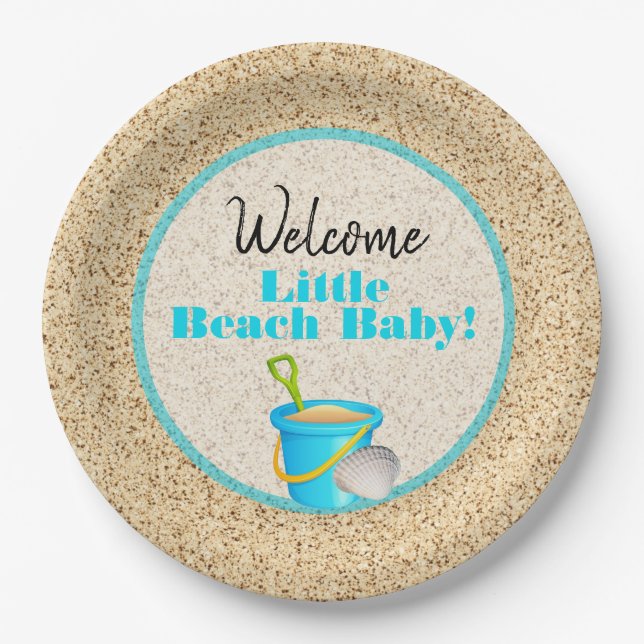 Little Beach Baby Teal Pail and Shovel Baby Shower Paper Plate (Front)