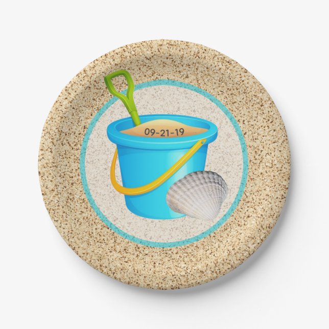 Little Beach Baby Teal Pail and Shovel Baby Shower Paper Plate (Front)