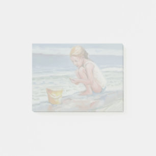 Little beachcomber girl with yellow bucket post-it notes