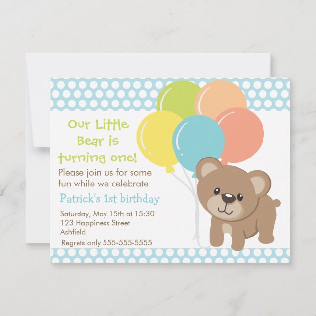 Little Bear and Balloons Birthday Party Invitation (Front)