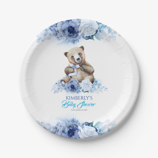 Little Bear and Blue Shades Flowers Baby Shower Paper Plate (Front)